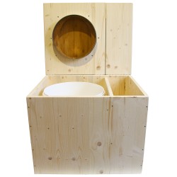 Toilette sèche rehaussée avec bac à copeaux de bois intégré à droite, bavette inox, seau 22L plastique, Abattant bambou