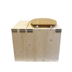 Toilette sèche rehaussée avec bac à copeaux de bois intégré à droite, bavette inox, seau 22L plastique, Abattant bambou