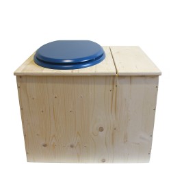 Toilette sèche rehaussée avec bac à copeaux de bois intégré à droite, bavette inox, seau 22L plastique, Abattant bleu