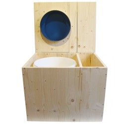 Toilette sèche rehaussée avec bac à copeaux de bois intégré à droite, bavette inox, seau 22L plastique, Abattant bleu