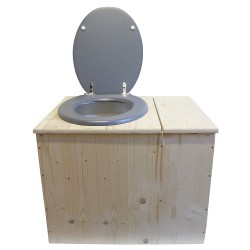 Toilette sèche rehaussée avec bac à copeaux de bois intégré à droite, bavette inox, seau 22L plastique, Abattant gris