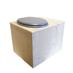 Toilette sèche rehaussée avec bac à copeaux de bois intégré à droite, bavette inox, seau 22L plastique, Abattant gris