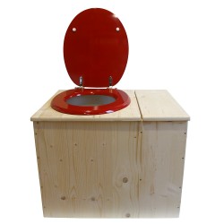 Toilette sèche rehaussée avec bac à copeaux de bois intégré à droite, bavette inox, seau 22L plastique, Abattant rouge