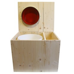 Toilette sèche rehaussée avec bac à copeaux de bois intégré à droite, bavette inox, seau 22L plastique, Abattant rouge