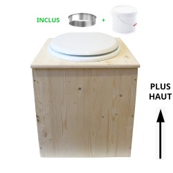 Toilette sèche rehaussée en bois brut complète avec seau plastique 22L, bavette inox, abattant blanc