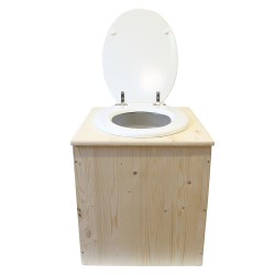 Toilette sèche rehaussée en bois brut complète avec seau plastique 22L, bavette inox, abattant blanc