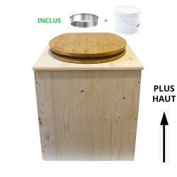 Toilette sèche rehaussée en bois brut complète avec seau plastique 22L, bavette inox, abattant bambou