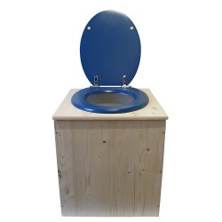 Toilette sèche rehaussée en bois brut complète avec seau plastique 22L, bavette inox, abattant bleu