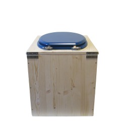 Toilette sèche rehaussée en bois brut complète avec seau plastique 22L, bavette inox, abattant bleu