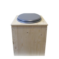 Toilette sèche rehaussée en bois brut complète avec seau plastique 22L, bavette inox, abattant gris