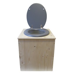 Toilette sèche rehaussée en bois brut complète avec seau plastique 22L, bavette inox, abattant gris