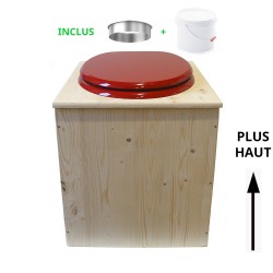 Toilette sèche rehaussée en bois brut complète avec seau plastique 22L, bavette inox, abattant rouge