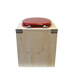 Toilette sèche rehaussée en bois brut complète avec seau plastique 22L, bavette inox, abattant rouge