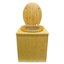 Toilette sèche rehaussée en bois huilé avec bavette inox, seau plastique 22 litres, abattant bambou