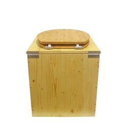 Toilette sèche rehaussée en bois huilé avec bavette inox, seau plastique 22 litres, abattant bambou