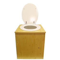 Toilette sèche rehaussée en bois huilé avec bavette inox, seau plastique 22 litres, abattant blanc