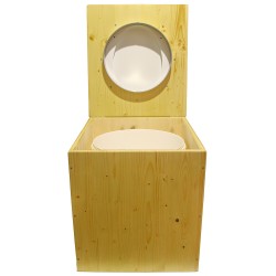 Toilette sèche rehaussée en bois huilé avec bavette inox, seau plastique 22 litres, abattant blanc