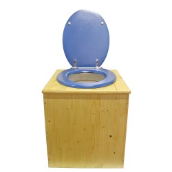 Toilette sèche rehaussée en bois huilé avec bavette inox, seau plastique 22 litres, abattant bleu