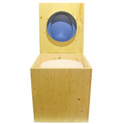 Toilette sèche rehaussée en bois huilé avec bavette inox, seau plastique 22 litres, abattant bleu
