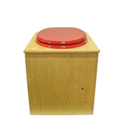 Toilette sèche rehaussée en bois huilé avec bavette inox, seau plastique 22 litres, abattant rouge