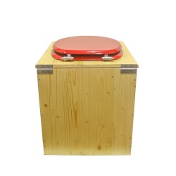 Toilette sèche rehaussée en bois huilé avec bavette inox, seau plastique 22 litres, abattant rouge
