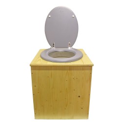 Toilette sèche rehaussée en bois huilé avec bavette inox, seau plastique 22 litres, abattant gris