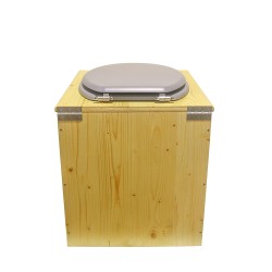 Toilette sèche rehaussée en bois huilé avec bavette inox, seau plastique 22 litres, abattant gris