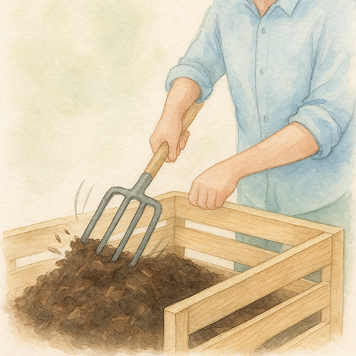 Utilisateur mélangeant activement le compost à l’aide d’une fourche pour un compost naturel optimal
