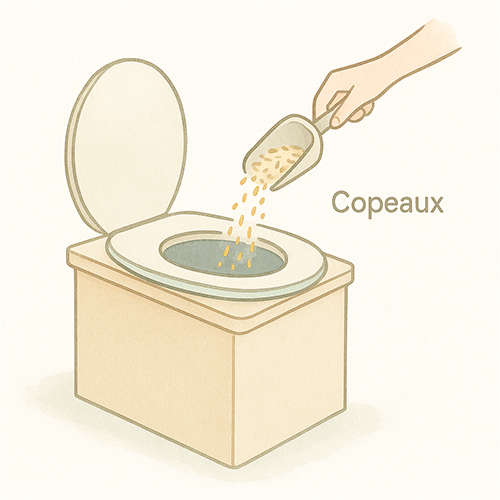 Dessin montrant une main versant une couche régulière de copeaux dans la toilette sèche.