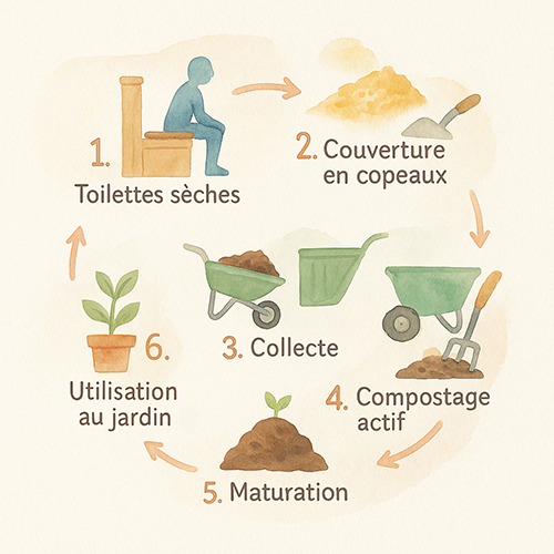 Schéma circulaire détaillant les étapes, depuis l’utilisation des toilettes sèches jusqu’au compost mature et son application au jardin.