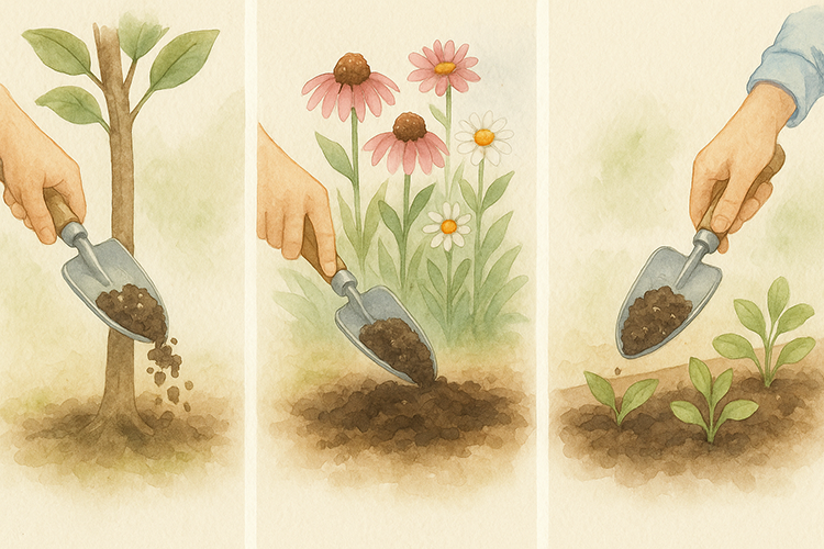 utiliser votre compost pour vos arbres fruitiers, massifs fleuris, ou votre potager. Revalorisez cet engrais naturel